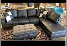 New Black Sectional with Storage Ottoman