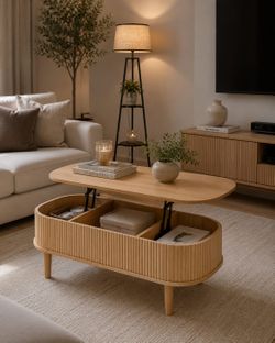 Coffee Table with Hidden Compartment, Wooden Center Table, Modern Oval Lift Tabletop for Home Living Room Office, Natural