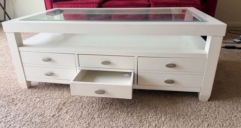 White Wood Coffee Table with Glass Top