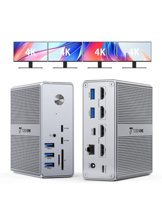 TobenONE DisplayLink Docking Station 4 Monitor with 4 HDMI, 18-in-1 Quad/Triple 4K@60Hz Display Dock with 120W Power Supply for Thunderbolt 5/4/3, USB