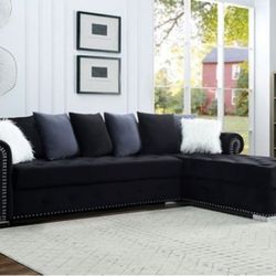 Brand New Glam Black Velvet Luxury Sectional Sofa 
