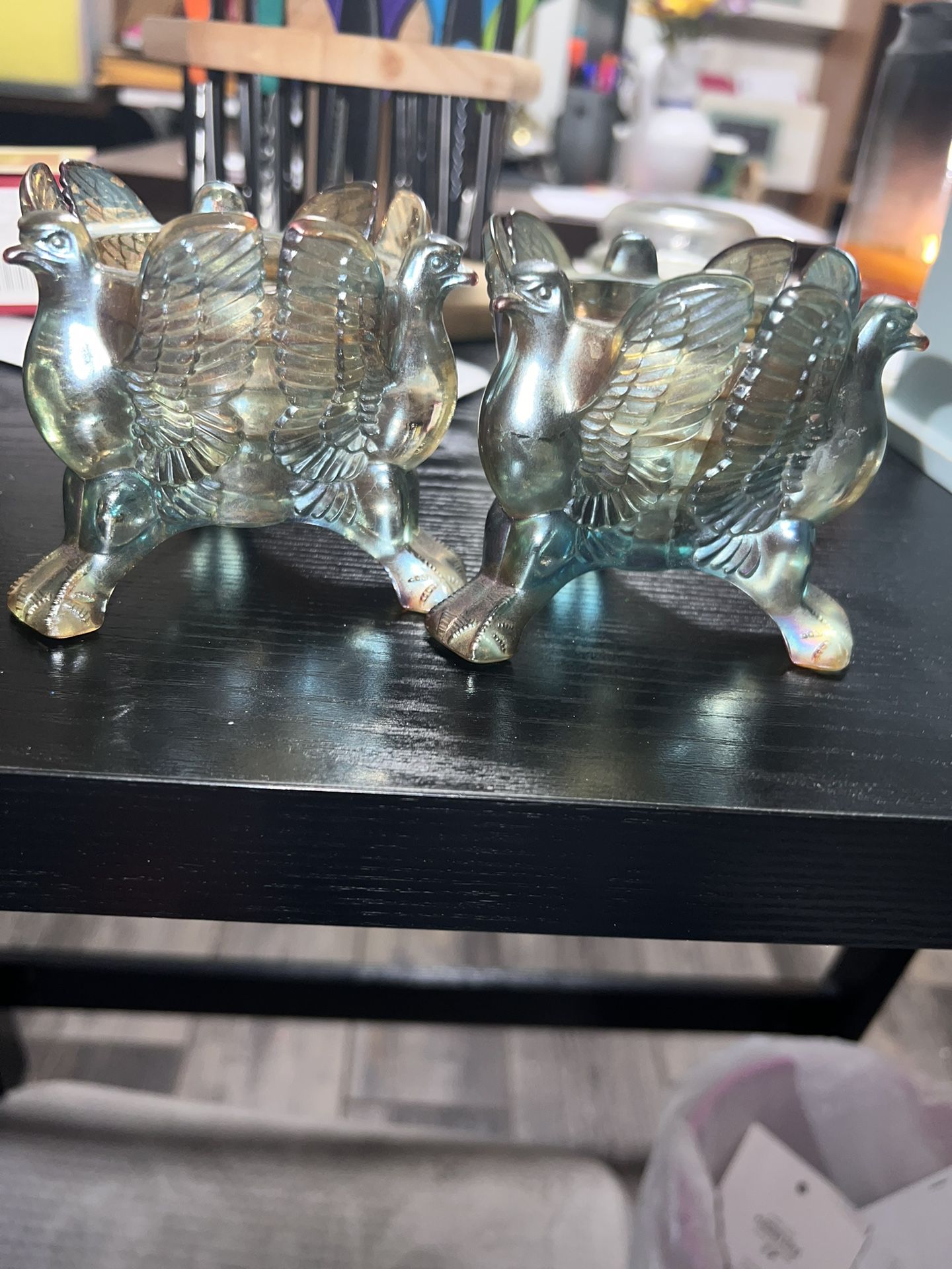 Vintage Jeanette Glass Footed Eagle Candle Holders 