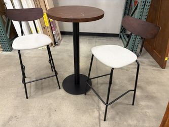 PK SPACES Modern Round Wood Top Pedestal Bar Table with 2 Curved Back Barstools (Damaged Top)