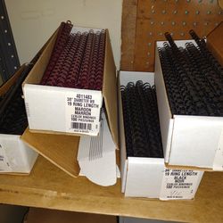 Comb Binding Supplies: 4 boxes of Combs, 3 boxes of Presentation Covers