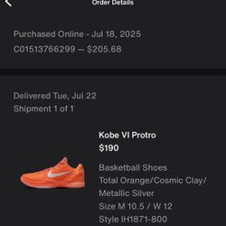 Kobe Protro 6 Orange Size 10.5
