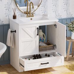 IRONCK Bathroom Vanity, 30" Bathroom Vanity with Sink, Farmhouse Wood Fixture Stand Pedestal Bathroom Cabinet with Drawer, Easy Assembly