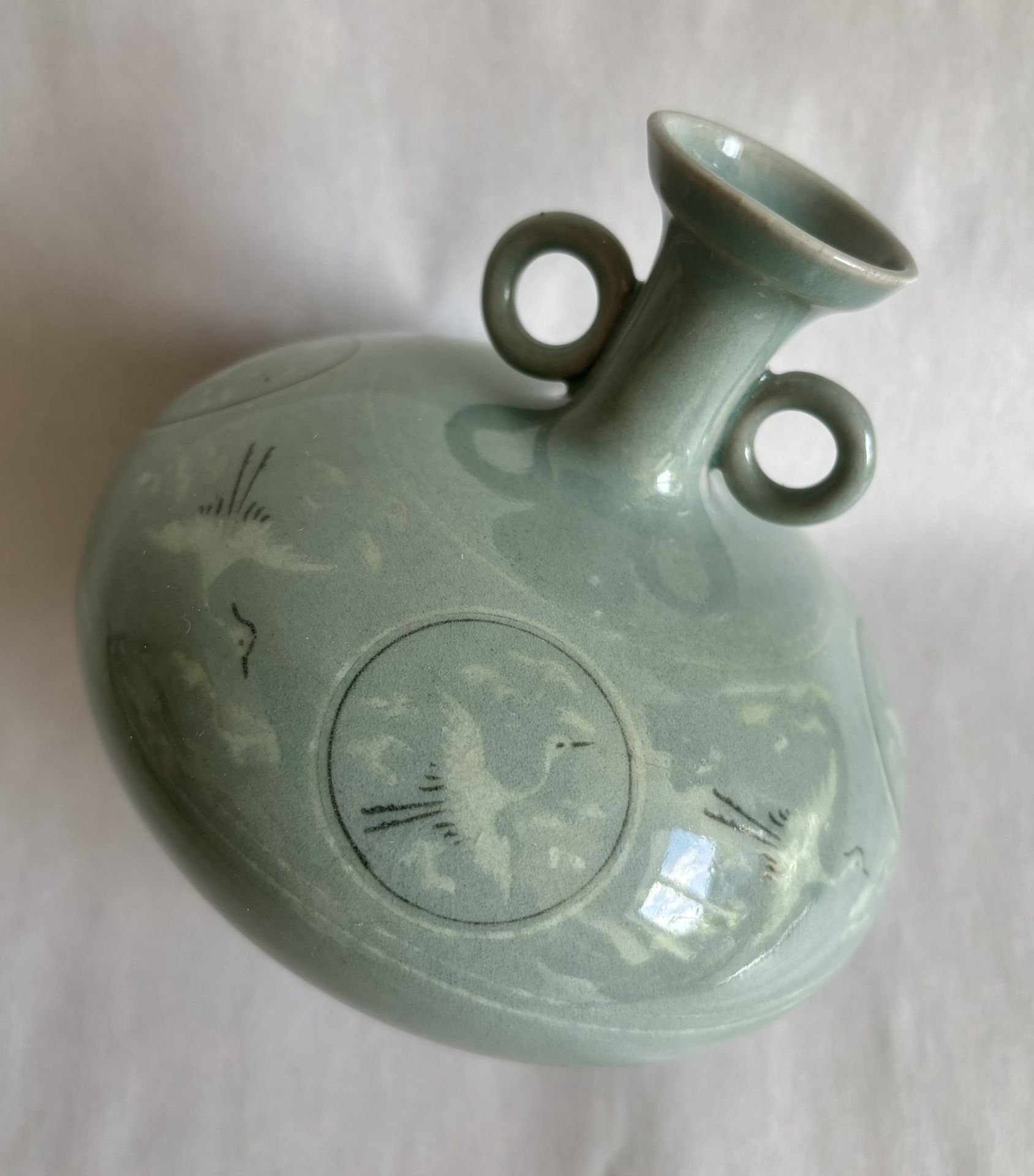 Vintage Korean Celadon Crackle Glaze Crane Vase