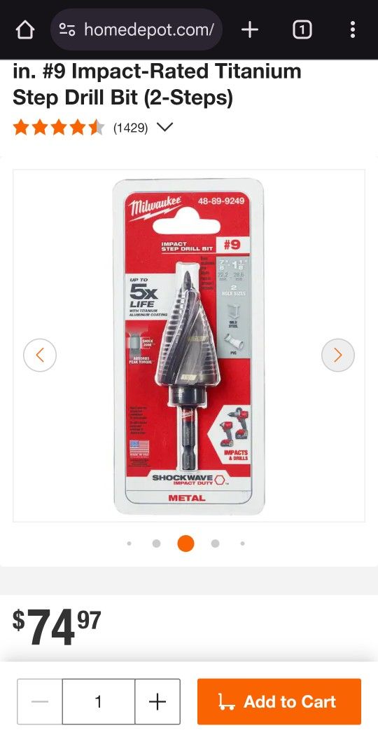 Milwaukee
SHOCKWAVE 7/8 in. - 1-1/8 in. #9 Impact-Rated Titanium Step Drill Bit