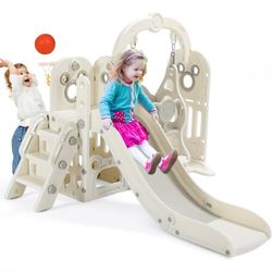 Toddler Slide & Swing Set, Freestanding Kids Slide Climber Set w/ Basketball Hoop, Storage Space & Anti-Slip Steps, Indoor Outdoor Playground for Kids