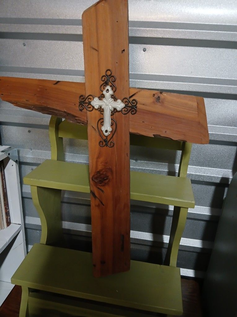 Large Wood Cross With Metal And Ceramic Accents