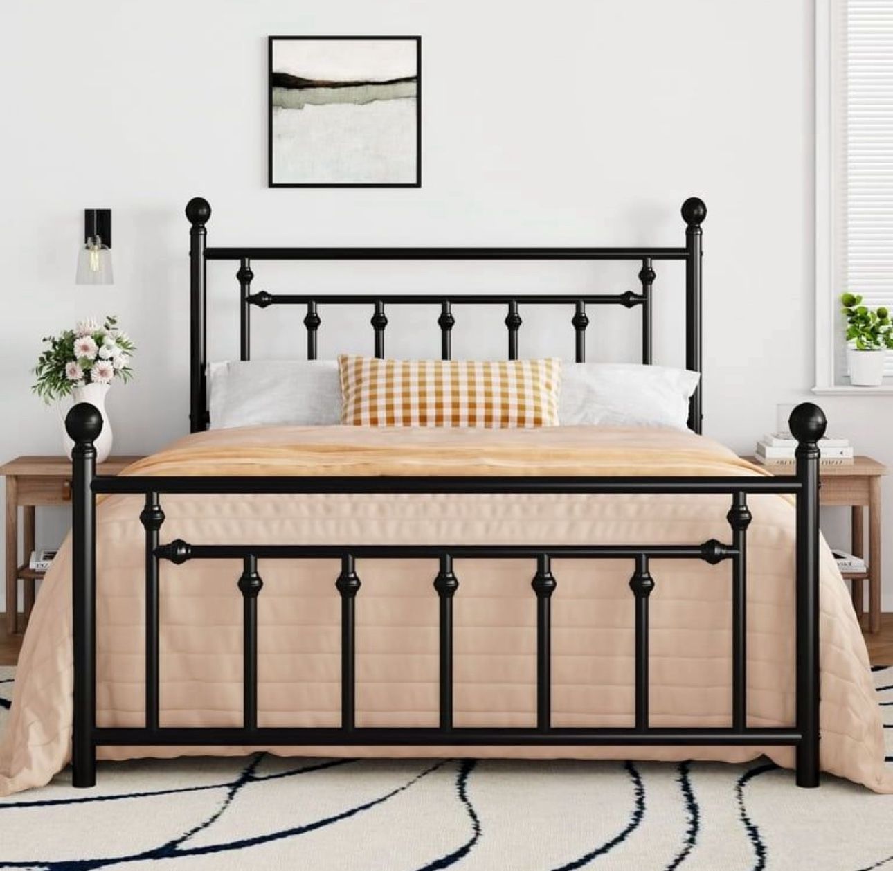 Full Bed Frame, Metal Platform Bed with Vintage Headboard & No Box Spring Needed, Black