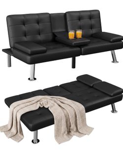 Homall Futon Sofa Bed, Leather Futon Couch with Removable Armrests, Adjustable Recliner Sleeper Sofa Bed with Dual Cup Holders for Living Room, Apartm