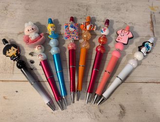 Lot of 8 Novelty Character Topper Ballpoint Pens, Plastic, Black Ink, New