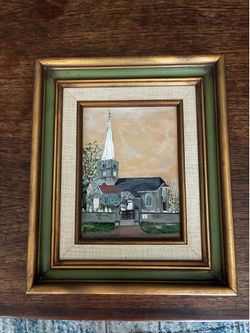 Vintage Framed Church Painting – Rustic Wall Art