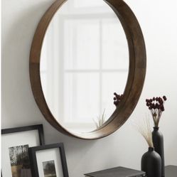 Round Wood Mirror Brown Walnut 24” Vanity Entryway Console Table Wall Decor 