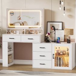 Vanity Desk with Mirror and Lights, Corner Makeup Table with Charging Station, 3 Color Modes & Adjus