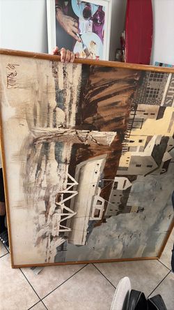 Large Framed Abstract City Oil Painting