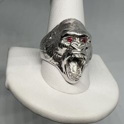 Solid 14k Gorilla Ring Size 11.5 White Gold With Natural Rubies