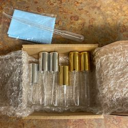 4 Regular, 2 Mini Fine-Mist Glass Perfume Bottles and Dispenser Tool To Put Into Smaller For Travel, Gold & Silver Colored Tops