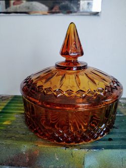 Vintage Amber Glass Dish With Lid