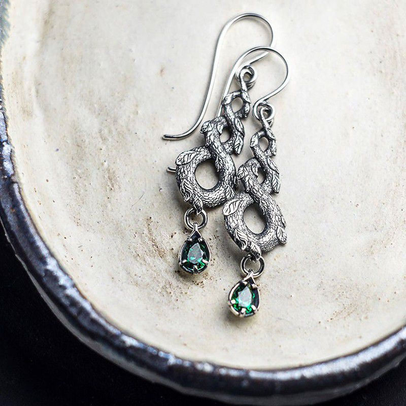 "Ethnic Twisted Retro Silver Plated Waterdrop Emerald Gemstone Leaf Earrings, UNI22405
 
 