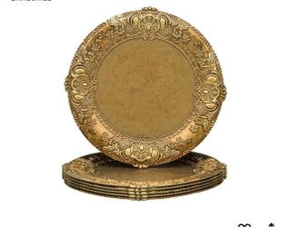 Antique Gold Charger Plates with Embossed Rim, Set of 6 Round Embossed Charger for Dinner Plates, 13" Plastic Table Chargers, Decorative Charger Plate
