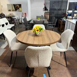 🔥Special Discount(Set of 5)🔥Mid-century style round dining table, with Beige Modern plush upholstered seats with metal legs💰280$  Decatur Location 