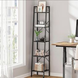 Ladder Shelf, Bookshelf Bookcase, Freestanding Corner Storage Shelve with 2 Hooks
