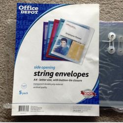 NEW! 5 Plastic String Envelopes Flap Button -Tie Closure Assorted Colors 4 side 1 top open - Durable Expandable High Quality
