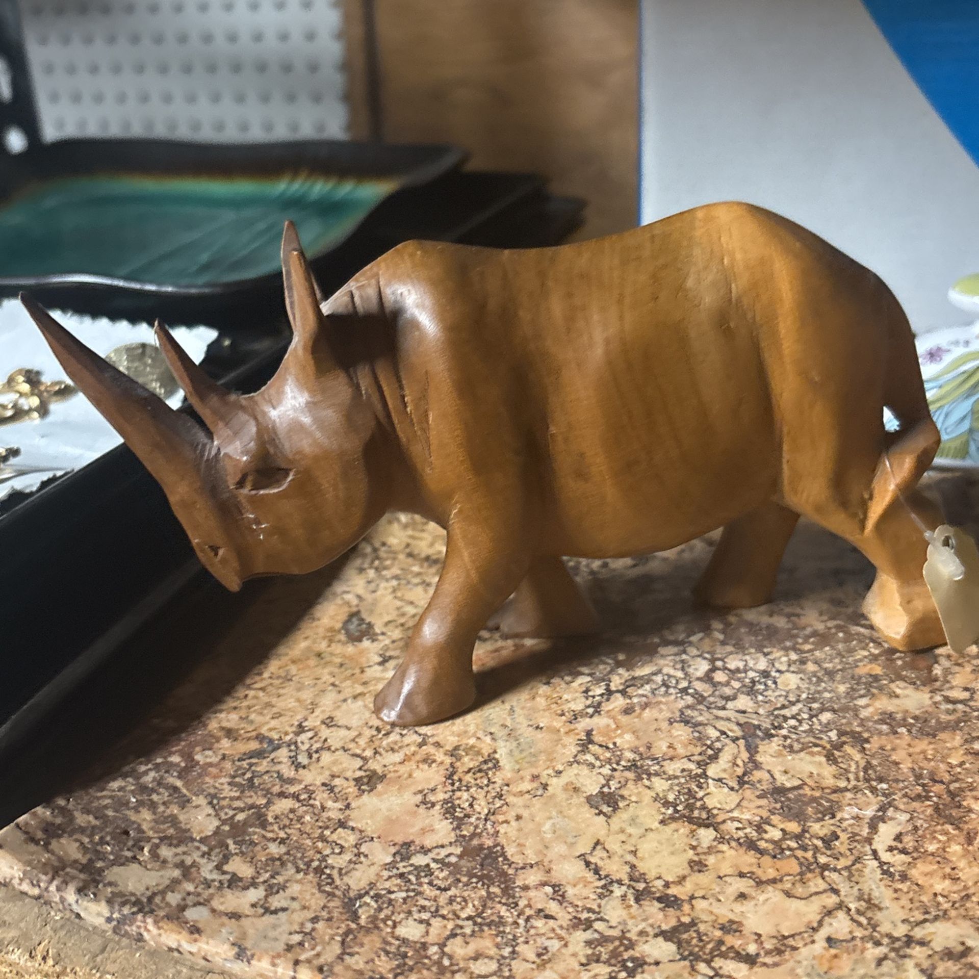 Hand Carved Wooden Rhinoceros Vintage With A Tag On It $5 Cash From Kenya Africa