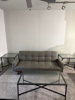 Futon, coffee table, two side tables