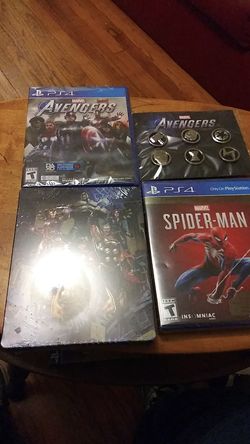 PS4 Avengers game and case and pins + Spider Man