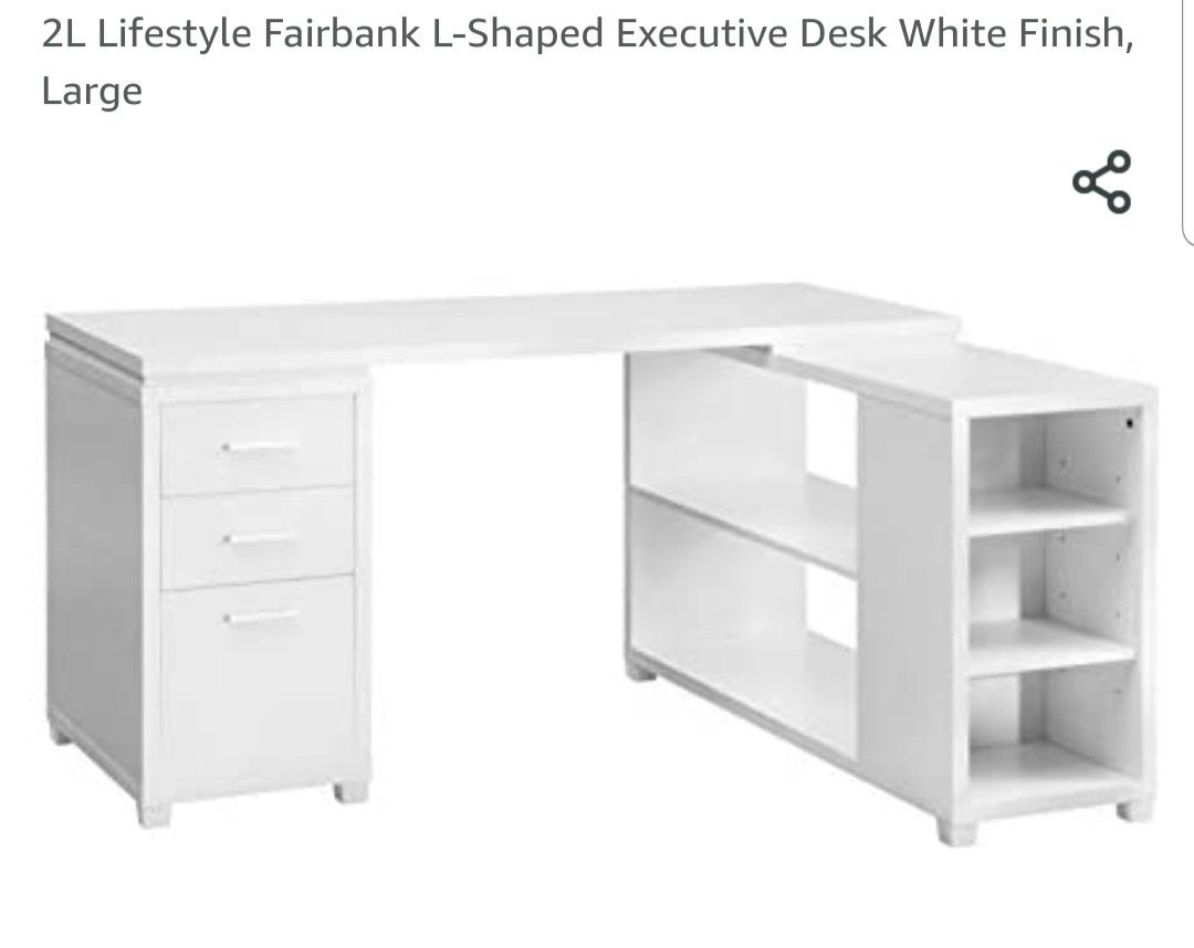 2L Lifestyle Fairbank L-Shaped Executive Desk White Finish, Large 

