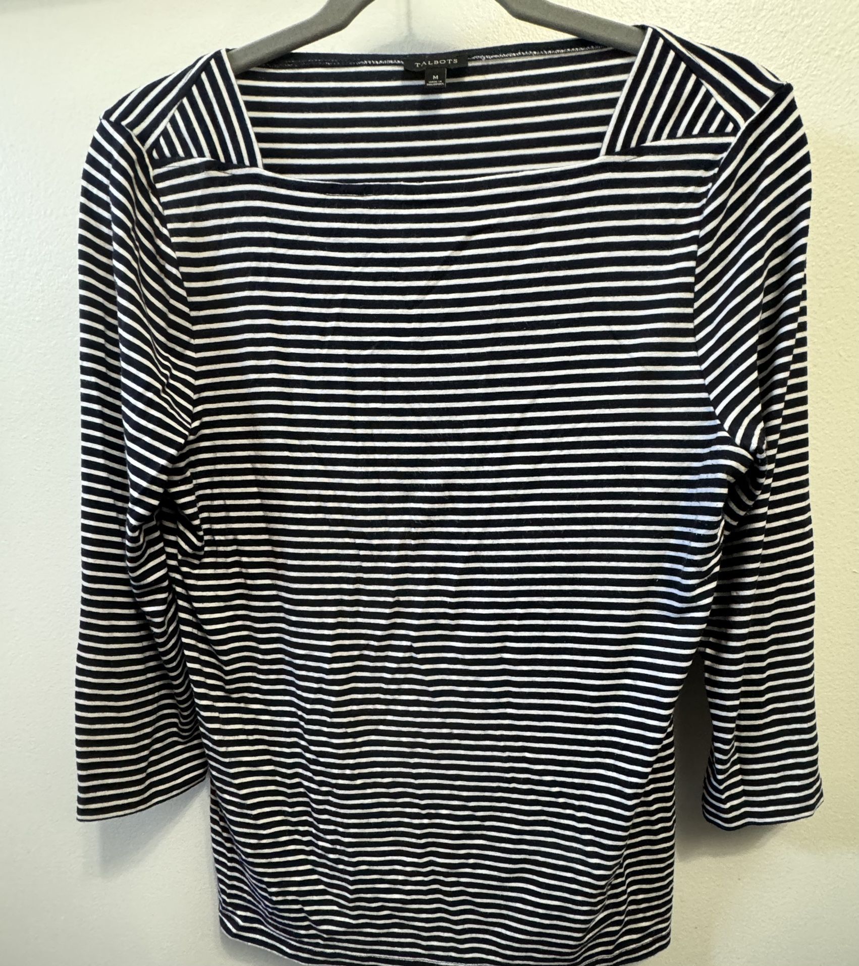 Talbots Women's Striped Square Neck T-Shirt Long Sleeve Navy Blue & White Size M