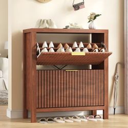 Shoe cabinet for entrance, stried shoe cabinet with 2 folding drawers, independent high hidden shoe cabinet shoe organizer with legs for hallway brown