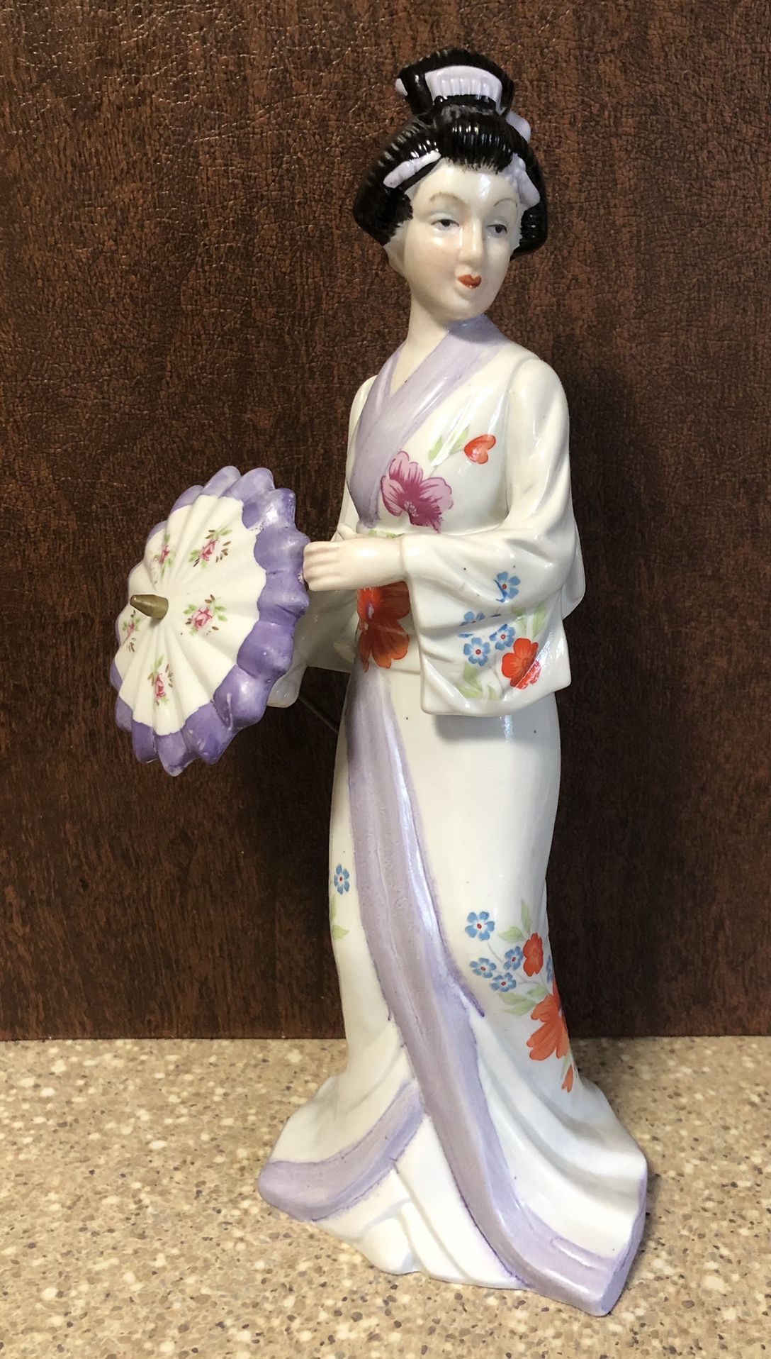 Vtg. Japanese Genuine Porcelain Geisha Girl W/ Umbrella Figurine 11" Height