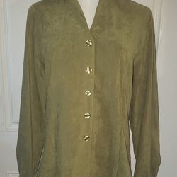 Harvé Benard Suede Green Button Down Long Sleeve Blouse (Size S)
