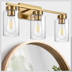 Brand New 3-Light Bathroom Vanity Light, Modern Brushed Gold Wall Lights with Clear Glass Shades, Bathroom Wall Sconce Lamp for Mirror Living Room Bed