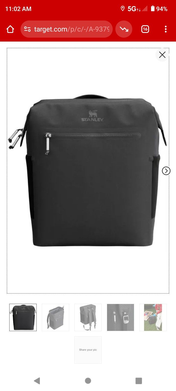 Stanley 20 Cans/14.8qt All Day Madeleine Midi Backpack Cooler Black