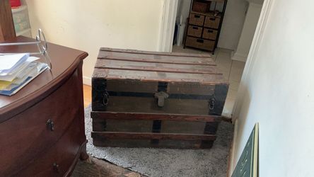 Vintage Martin Maier & Co. Detroit steamer trunk, early 1900s, original cast iron hardware, peeling canvas, as-is.