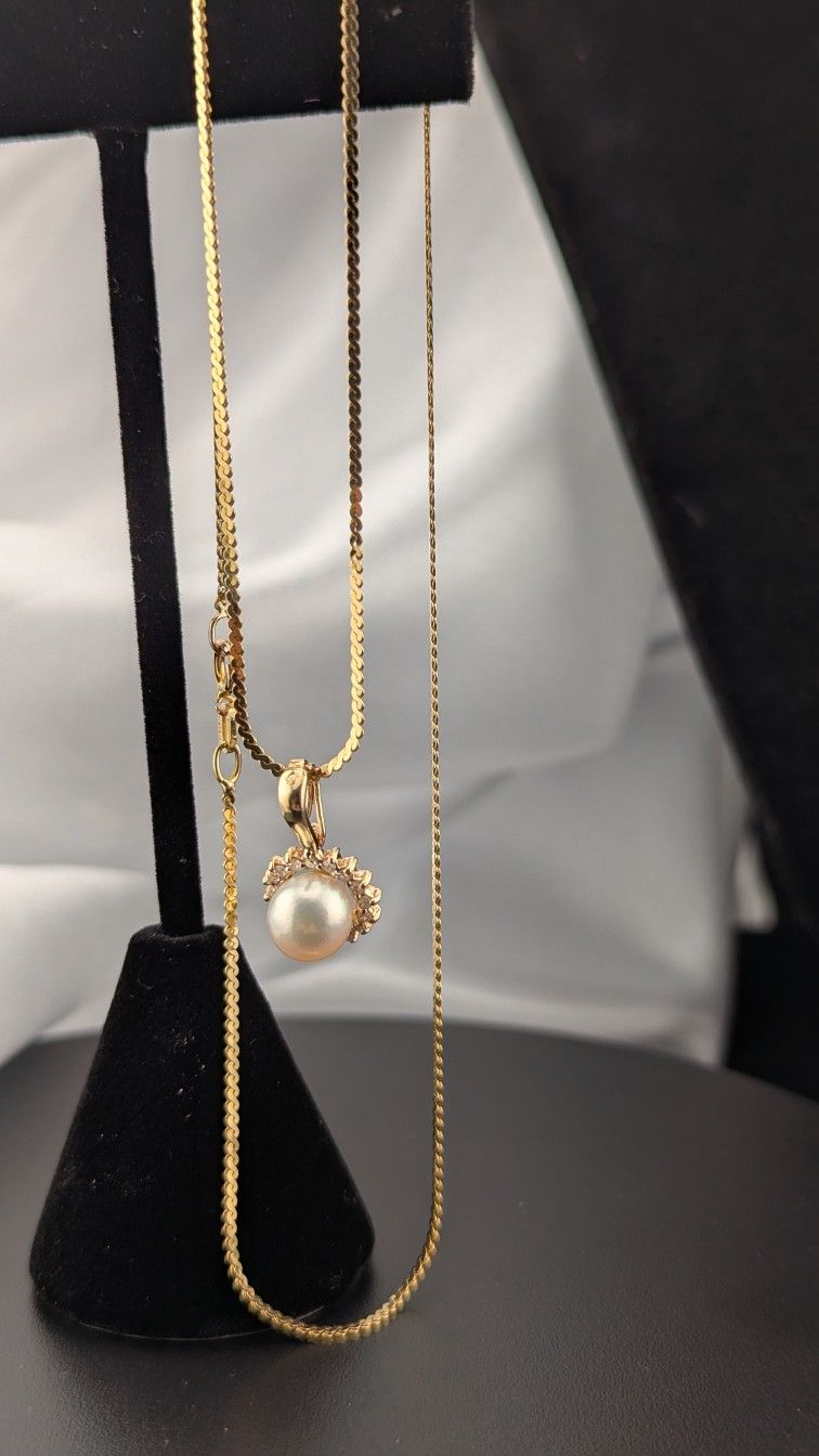 ✨💎14K Yellow Gold 💛 Diamond Halo Pearl Pendant Necklace💎👌