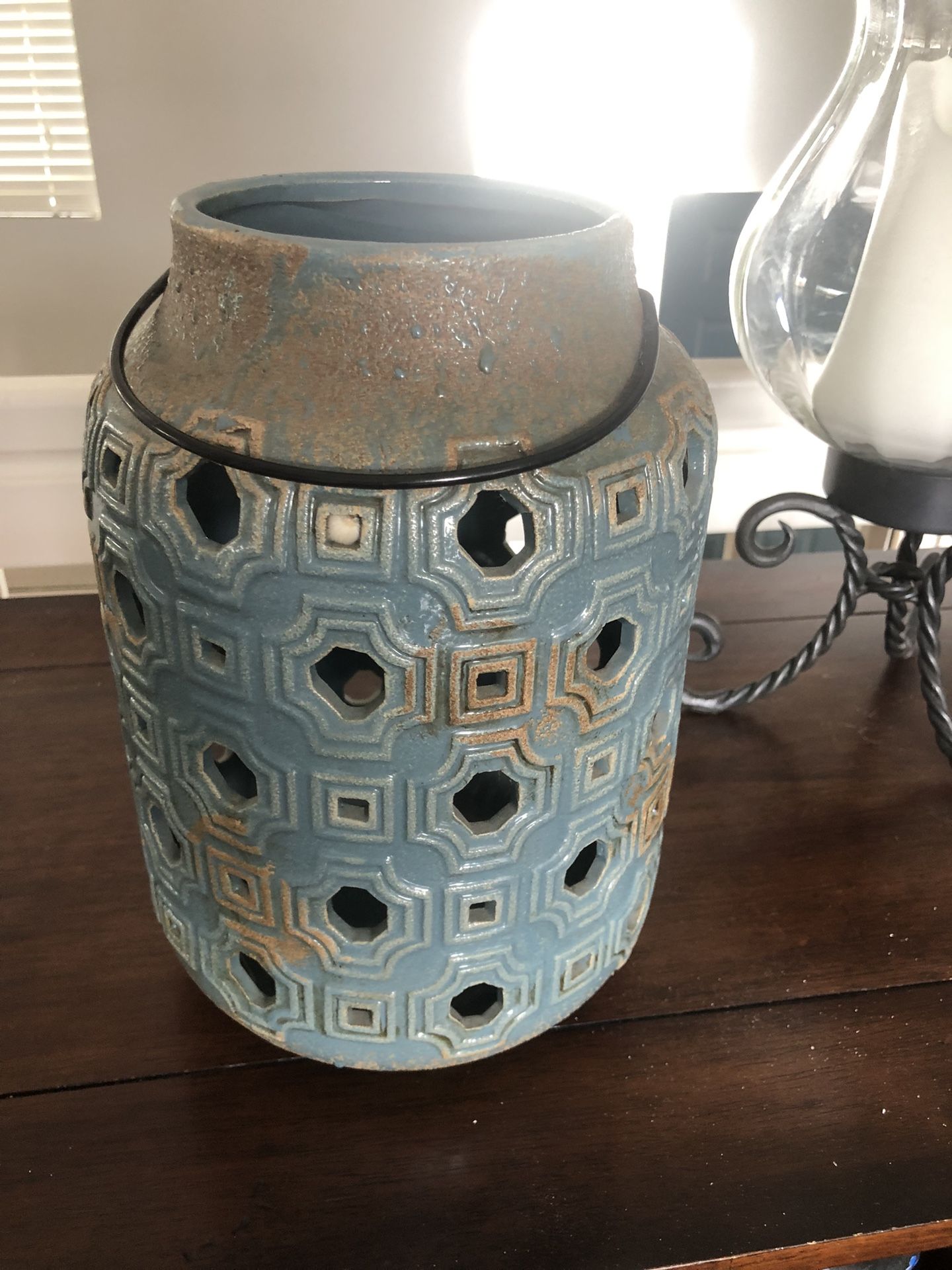 Beautiful Light Blue Case Decor Pottery And It Doubles As A Ceramic Pillar Candle Holder. . 7 x 7 x 10 (Use with 3x 6 candle)