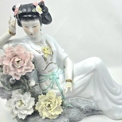 Vintage Asian Porcelain Lady Figurine Flowers Large 13” Length Read Defect
