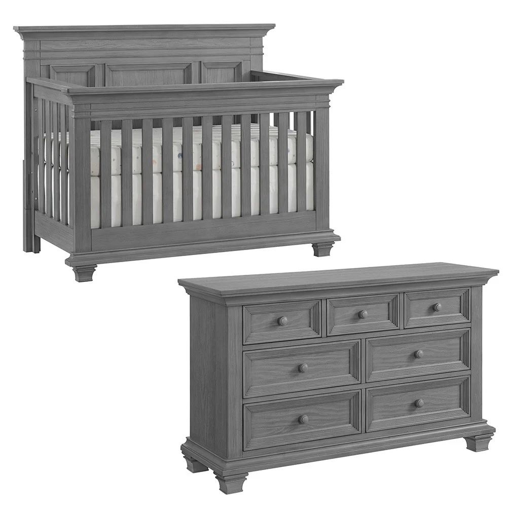 Oxford Baby Weston 2 Piece Nursery Set - Convertible Crib + & 7 Drawer Dresser in Dusk Gray