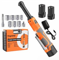 3/8" Electric Ratchet Wrench Set, Extended Long Neck Cordless Ratchet, 16V 45 ft-lbs Power Ratchet Kit, 600 RPM, 2 Batteries,