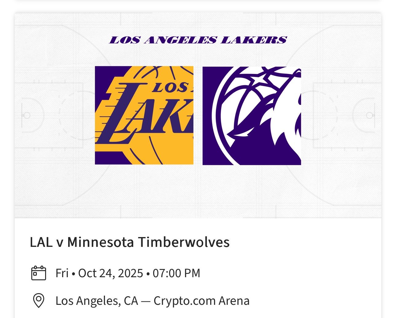 Lakers vs Timberwolves  (Lower Level Single)