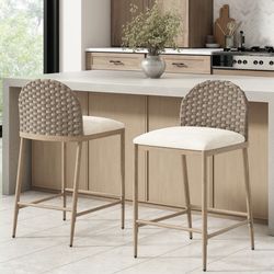 25" Farmhouse Barstools Set of 2,Upholstered Armless Iron Counter Stools with rattan Backrest for Kitchen Dining Island Table