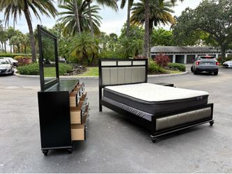 Modern 4-Piece Bedroom Set with Queen Bed, Dresser, Mirror, and Nightstand