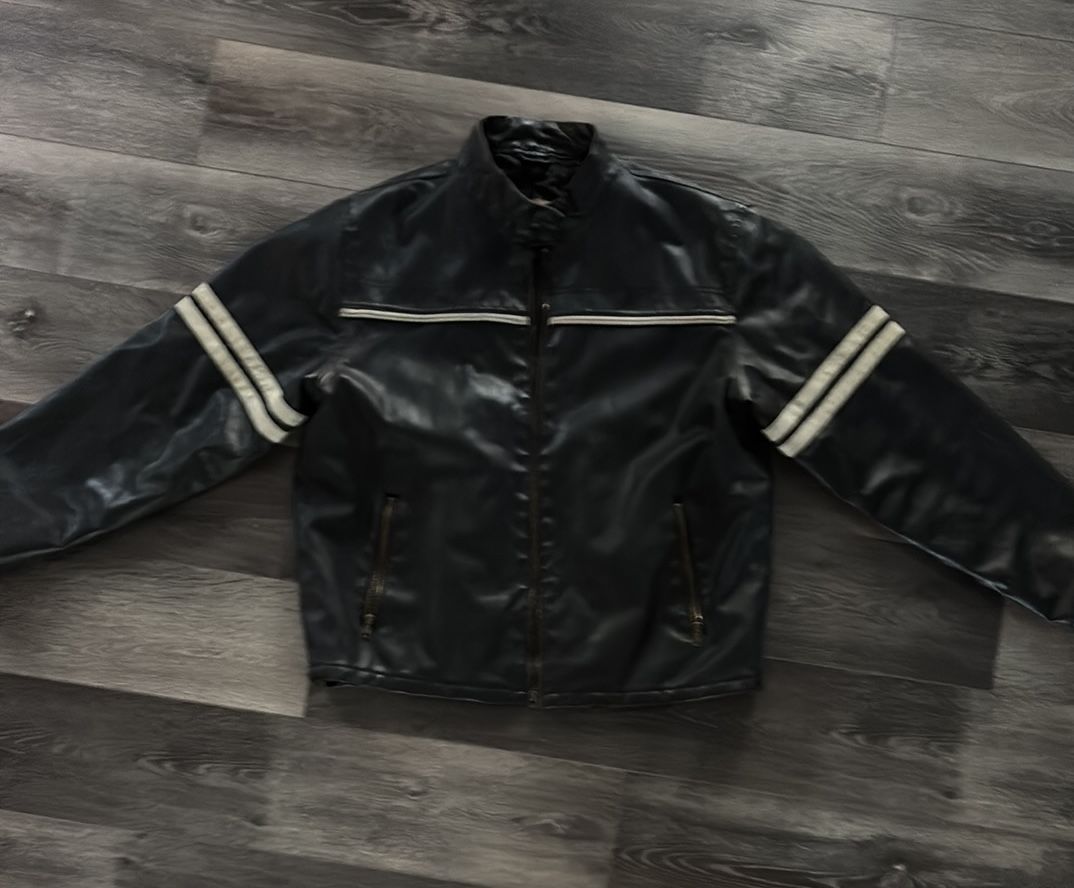 Black Leather Jacket with White Stripes