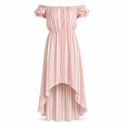 Forever 21 Pink & White Striped Off-Shoulder High-Low Maxi Dress – Medium